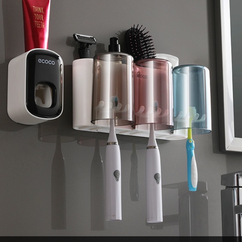 {Chính Hãng} Bộ Kệ Hộp Nhả Kem Đánh Răng Tự Động Thông Minh ECOCO 4 Cốc Úp Màu Sang Trọng, Dính Tường Siêu Chắc, Chống Nước Tuyệt Đối, Nhựa ABS Cao Cấp Độ Bền Cao, Chịu Lực Tốt, Thiết Kế Sang Trọng Trang Trí Phòng Tắm, Được Nhiều Khách Hàng Tin Dùng. 2 Bộ nhả kem đánh răng tự động ecoco 3 cốc