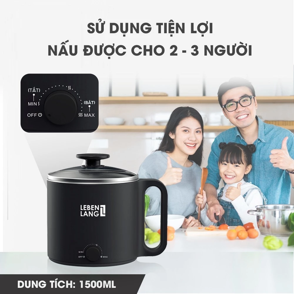 {Cao Cấp} Nồi Lẩu Điện Mini Ca Nấu Mì Đa Năng Lebenlang LBEC0808 1500ml, Ruột Inox 304, Kiểu Dáng Nhỏ Gọn, Không Chiếm Nhiều Diện Tích, Quà Tặng Gia Đình Người Thân, Được Nhiều Khách Hàng Tin Dùng. 4 noi lau dien mini lebenlang 1