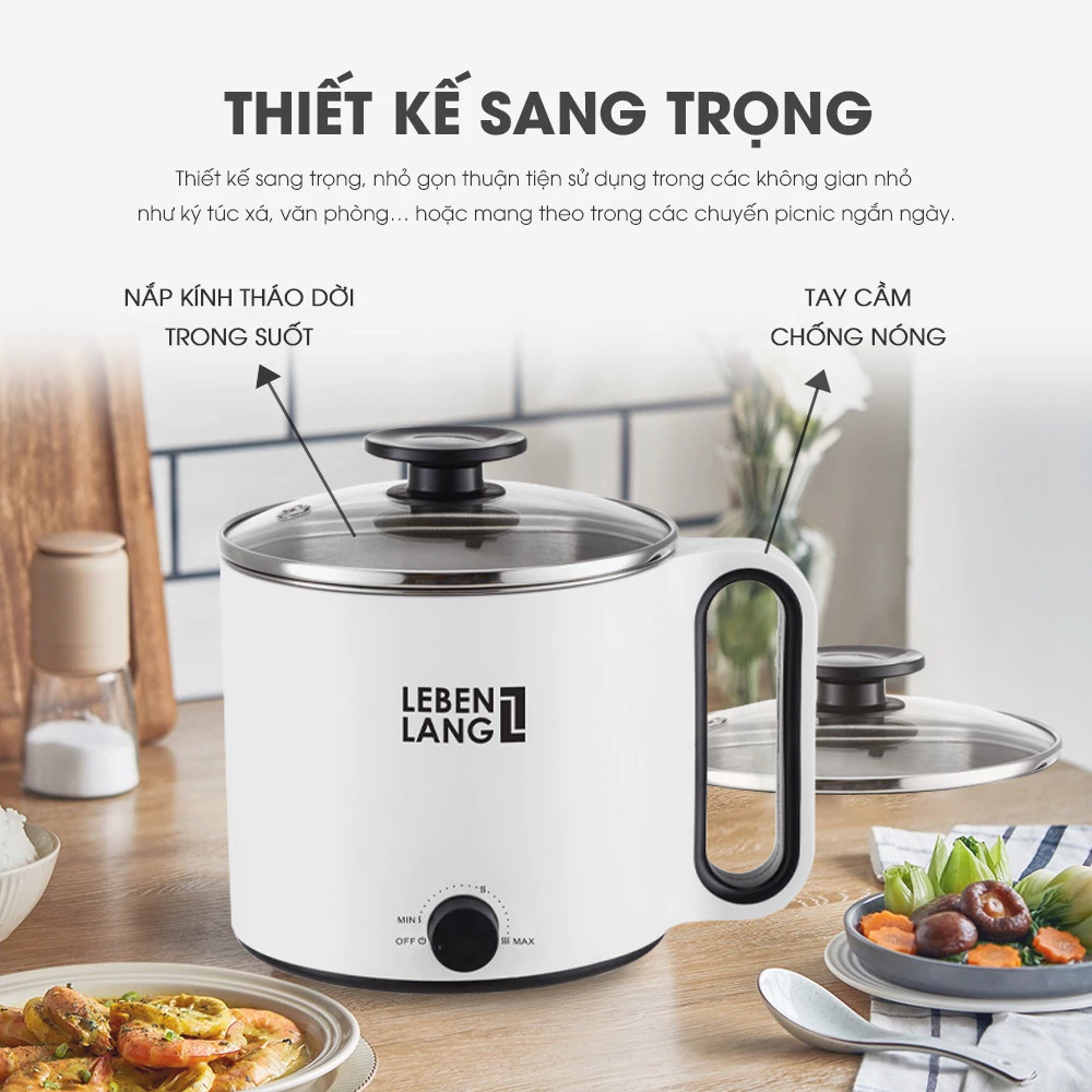 {Cao Cấp} Nồi Lẩu Điện Mini Ca Nấu Mì Đa Năng Lebenlang LBEC0808 1500ml, Ruột Inox 304, Kiểu Dáng Nhỏ Gọn, Không Chiếm Nhiều Diện Tích, Quà Tặng Gia Đình Người Thân, Được Nhiều Khách Hàng Tin Dùng. 2 noi lau dien mini lebenlang 2